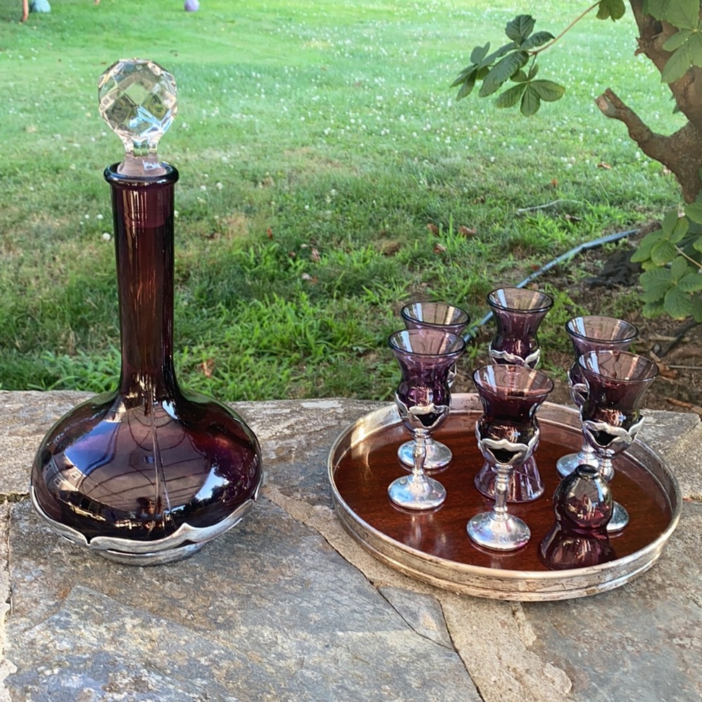 Fabar Bros Mid Century Amhurst decanter matching glasses two replacement classes